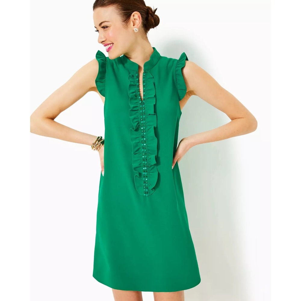Lilly Pulitzer Adalee Green Ruffle Beaded Shift Dress Sleeveless Size 14
